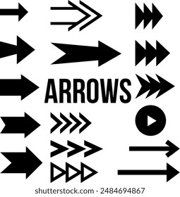 Set of arrows silhouettes. Black arrows icons, simple arrow pointers.