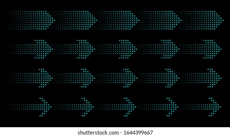 Set of arrows. Silhouettes collection of blue neon pointers with halftone effect on a black background. Vector illustration