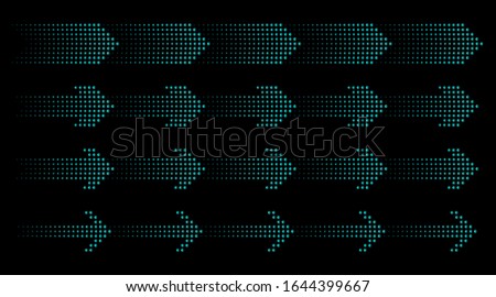 Set of arrows. Silhouettes collection of blue neon pointers with halftone effect on a black background. Vector illustration