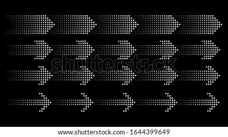 Set of arrows. Silhouettes collection of white pointers with halftone effect on black background. Vector illustration
