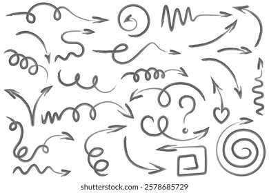 Set of arrows. Sketch. Hand drawn watercolor signs. Vector illustration. Collection of arrows of different shapes, spiral, round, curved, curls. Outline on isolated white background. Doodle style. 