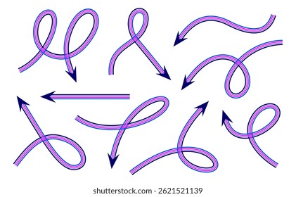 Set of arrows with a striped or multi-line effect featuring various curved and looped shapes pointing in different directions on a white background.