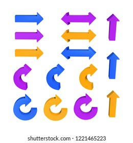 Set of arrows. Threedimensional. Purple, orange and blue Vector illustration