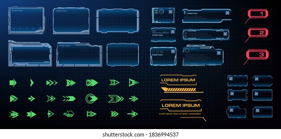 Set of arrows, titles, labels, pointers, frames, information windows for video games, websites, or HUD interfaces. Set of futuristic digital elements for user interface