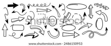 Set of arrows in trendy style. Hand drawn and doodle. Vector. Textbox and bubbles. Frame. Editable stroke. Pencil and texture. Elements, shapes for design. Line and underline. Mark. Curves. Scribble