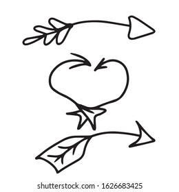Set of arrows for Valentine's day .Design of a black and white vector template for banners, postcards on a white isolated background. Holiday .