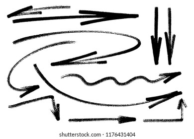 Set of arrows various shapes. Monochrome artistic notes. Hand drawn design elements. Vector freehand details for design.