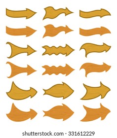 Set of Arrows of Various Shapes with Wood Texture on White Background. Vector