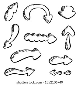 Set of arrows. Vector cartoon illustrations. Isolated objects on a white background. Hand-drawn style.