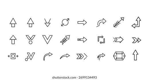 Definir setas. Ilustração vetorial. Defina setas diferentes ou design da Web. Estilo de seta plana isolado no plano de fundo branco.