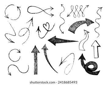 Conjunto de flechas, ilustración vectorial en estilo doodle y esbozo en técnica, dotwork, tatuaje, pegatina para diseño y decoración, puntos negros sobre fondo blanco