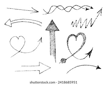 Pfeile, Vektorgrafik im Doodle-Stil und Skizze in der Technik, Dotwork, Tätowierung, Aufkleber für Design und Dekoration, schwarze Punkte auf weißem Hintergrund