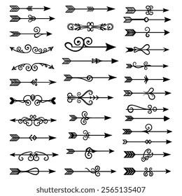 Set of arrows Vintage with feathers isolated on white background