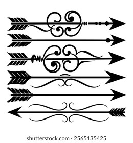 Set of arrows Vintage with feathers isolated on white background