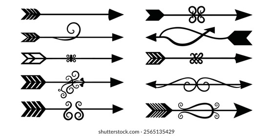 Set of arrows Vintage with feathers isolated on white background