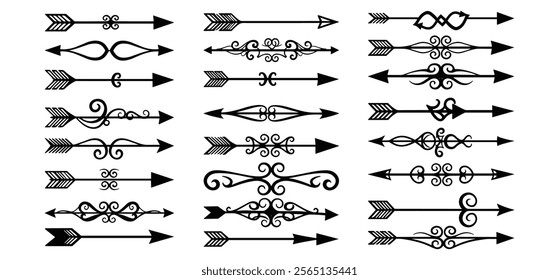 Set of arrows Vintage with feathers isolated on white background