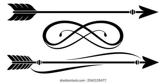 Set of arrows Vintage with feathers isolated on white background