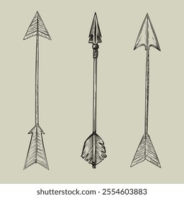 Set of arrows vintage style. Hand drawn. Isolated on white background. Vector image. Perfect for vintage designs. Tattoo. Barbershop.