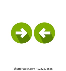 Set of arrows. white left and right arrows with shadows in green circle icons. Isolated on white. Continue icon.  Back and next signs. East and West arrow.