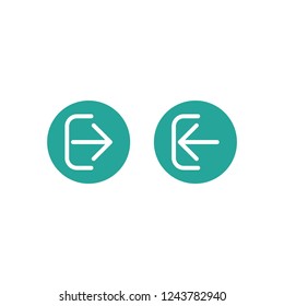 Set of arrows. white left and right arrows in blue circle icons. Enter and exit buttons. Isolated on white. Log in and log out signs. East and West arrow.