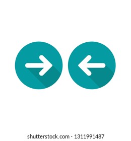 Set of arrows. White left and right rounded arrows with shadow in blue circle icons. Isolated on white. Continue icon.  Back and next signs. East and West arrow.