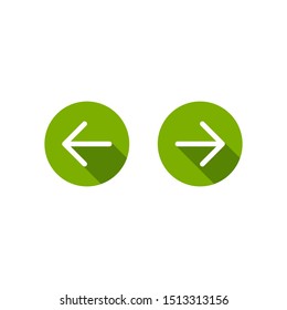 Set of arrows. white left and right arrows with shadows in green circle icons. Isolated on white. Continue icon.  Back and next signs. East and West arrow.