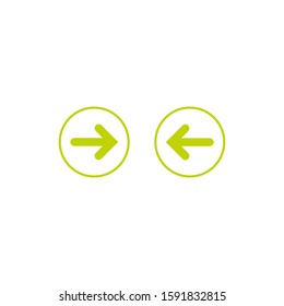 Set of arrows. white left and right arrows in green circle icons. Isolated on white. Continue icon.  Back and next signs. East and West arrow.