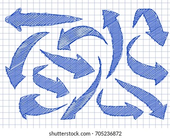 Set of arrows for your design in hand drawn style. Blue ink on a schools checkered background. 