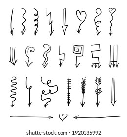 Set of arrows.Hand drawn shapes.Simple vector logos.Direction indicators, pointers and scroll elements.Collection of various doodle arrows.Isolated on white background. Vector illustration