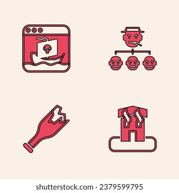 Set Arson home, Internet piracy, Mafia and Broken bottle as weapon icon. Vector