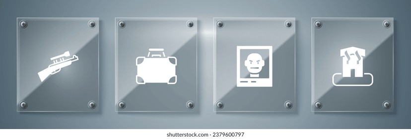 Set Arson home, Wanted poster, Briefcase and money and Sniper rifle with scope. Square glass panels. Vector