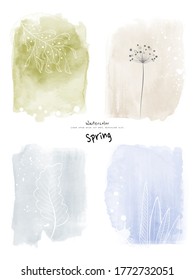 Set of art 4 Seasons watercolor and doodle hand-painted. Suitable for use as a card; greeting, invitation, cover, booklet, brochure, wall, or poster.