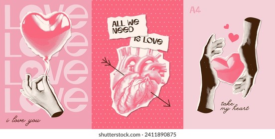 Set of Art a4 collage designs for 14 February. Posters with halftone hands, hearts and typography. Contemporary template for banner. Cut out on pink dotted texture. New wave style vector compositions