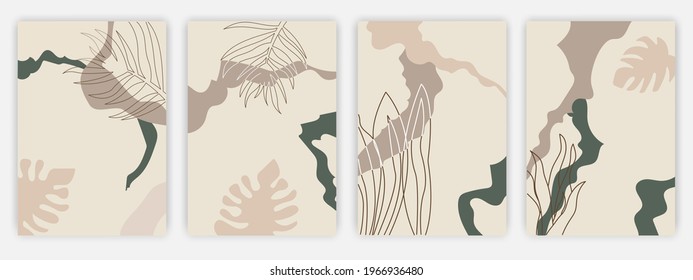 Set of art Abstract colored social media covers, flowers, autumn leaves and plants posters in pastel colors. Modern minimalist flat design. Vector illustration.