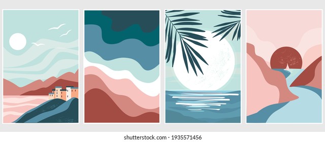 Set Art Abstract Minimalistic Landscape. Palm Leaves On The Background Of The Moon, Sun, Sunset, Sea, Ocean. Seascape, City, Mountains, Travel, Relaxation For Print, Poster, Wallpaper, Textile. Vector