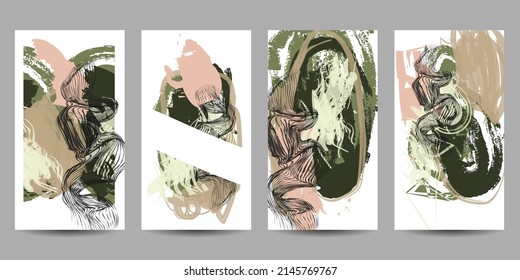 Establecer una plantilla de encabezado web de arte universal abstracto. Collage realizado con guijarros, marcadores, trazos de cañones, formas geométricas negras, salpicaduras con tinta