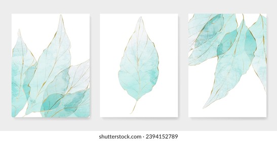 Set of art backgrounds with transparent blue or green leaves with golden line elements.