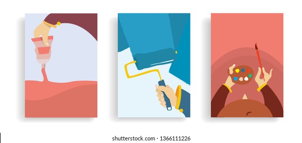 Set of art banners concept . Cartoon hands with paint tube, roller. Colourful flat posters. Vector