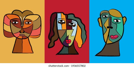 set of art brush cubism face. hand drawn abstract face drawing for wall art