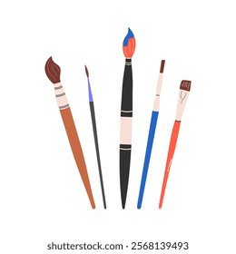 A set of art brushes of different sizes and shapes for painting. Art supplies. Isolated on a white background. Flat vector illustration.