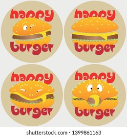 set of art burger logo with different emotions happy burger