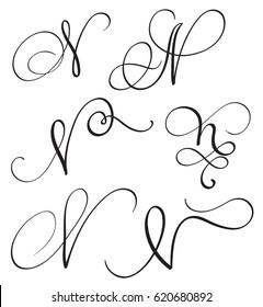 set of art calligraphy letter N with flourish of vintage decorative whorls. Vector illustration EPS10.
