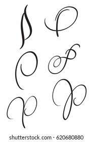 Set Of Art Calligraphy Letter P With Flourish Of Vintage Decorative Whorls. Vector Illustration EPS10.