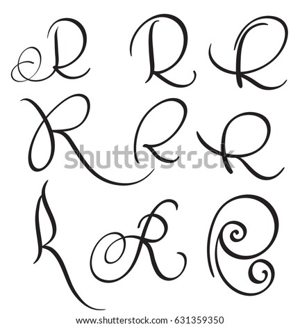 Set Of Art Calligraphy Letter R With Flourish Vintage Decorative Whorls Vector Illustration EPS10