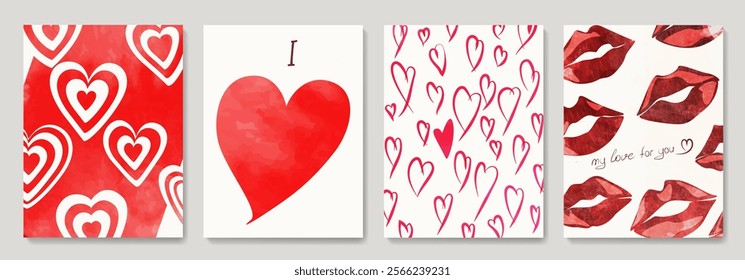 Set of art cards for Valentine's Day in a modern style with lips, kiss, heart. Collection of posters for decor, print, social media, greetings, cover, banner, template