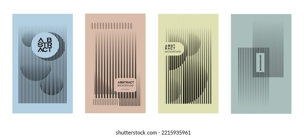 A set of art compositions in Bauhaus Swiss style. Modern artistic design of stripes, transition speed lines, geometric shape. Wall posters, geometric background of the cover.