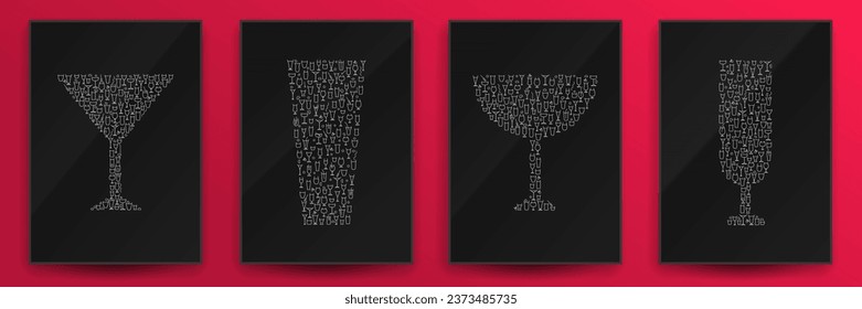 Set art cover poster, banner with cocktail glass various shape for alcohol or juice drink in minimalistic modern style. Template design for bar, restaurant, pub. Creative vector illustration.