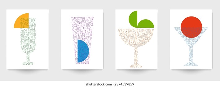 Set art cover poster, banner with cocktail glass various shape for alcohol or juice drink in minimalistic modern style. Template design for bar, restaurant, pub. Creative vector illustration.