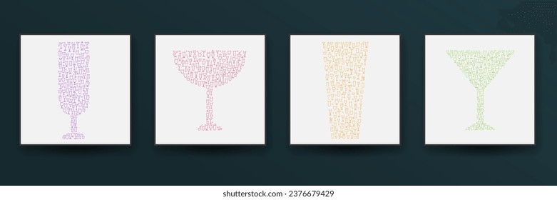 Set art cover poster, banner with cocktail glass various shape for alcohol or juice drink in minimalistic modern style. Template design for bar, restaurant, pub. Creative vector illustration.