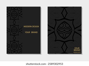 Set of art covers, vertical templates. Collection of relief, geometric 3D backgrounds, embossing. Mandala, arabesques, logo. Ethnic ornaments and patterns of the East, Asia, India, Mexico, Aztec, Peru